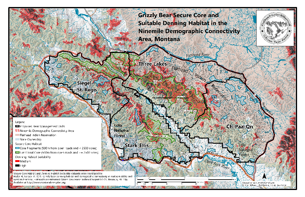 Flathead Lolo Bitterroot Citizen Task Force Grizzly Bear Secure Core and Suitable Denning Habitat in the Ninemile Demographic Connectivity Area Map