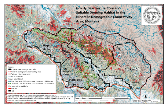 Flathead Lolo Bitterroot Citizen Task Force Grizzly Bear Secure Core and Suitable Denning Habitat in the Ninemile Demographic Connectivity Area Map